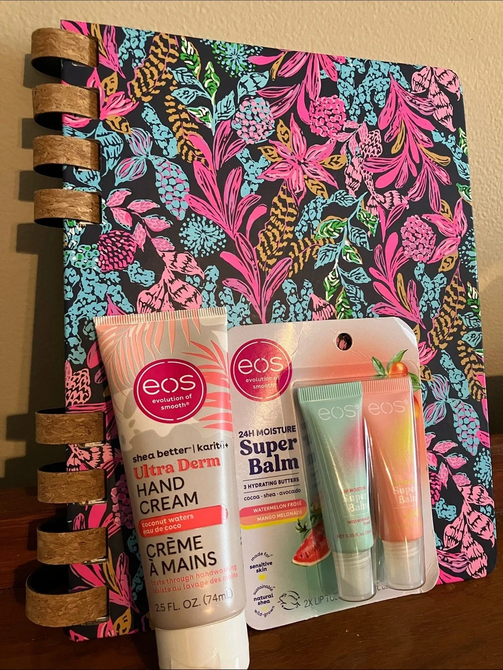 Lilly Pulitzer Notebook & 3hair clips, 2 PF Face powder, EOS lip&hand accessorys